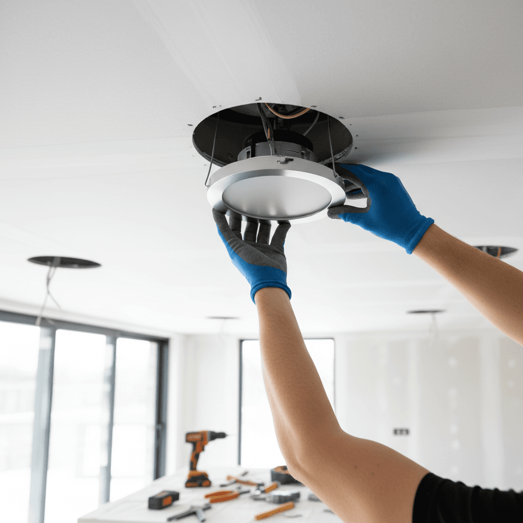 Pemasangan downlight LED di plafon dengan instalasi profesional