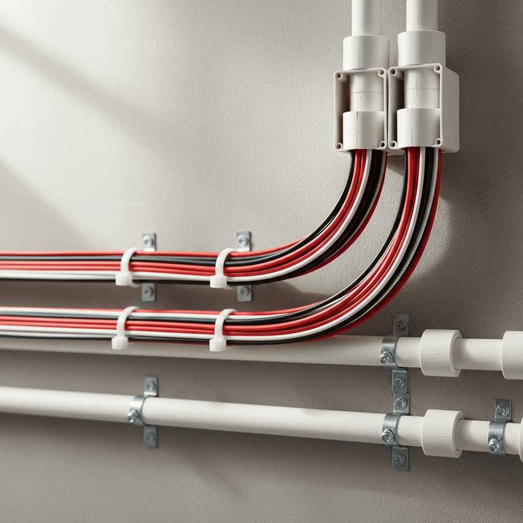 Neatly organized electrical wiring and conduit installation with proper cable management