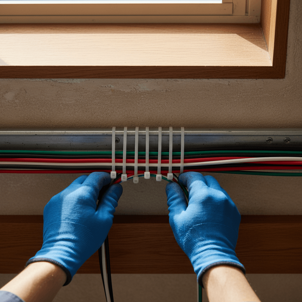 Tukang listrik mengorganisir kabel berantakan dengan rapi dan profesional