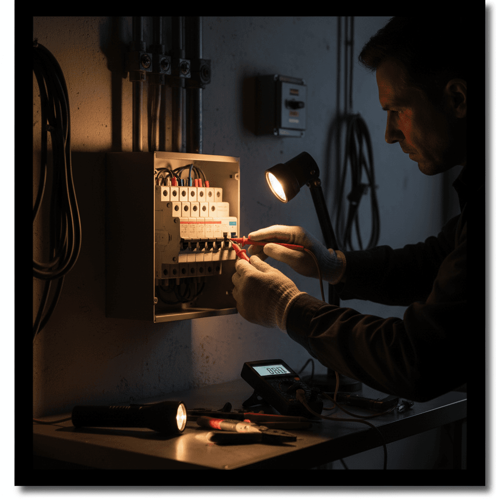 Teknisi melakukan diagnosis masalah listrik dengan multimeter profesional