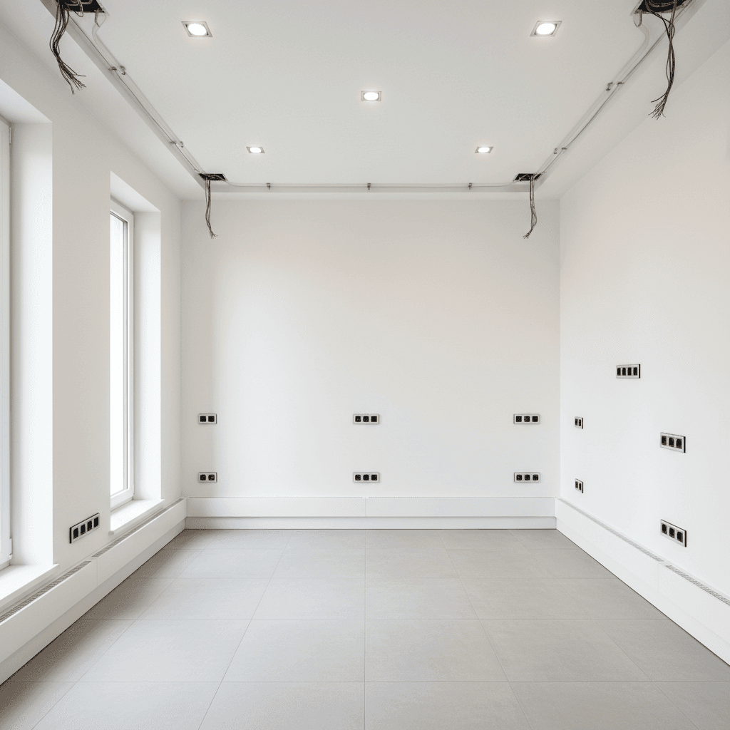 Complete residential room electrical installation showing overall quality and organization