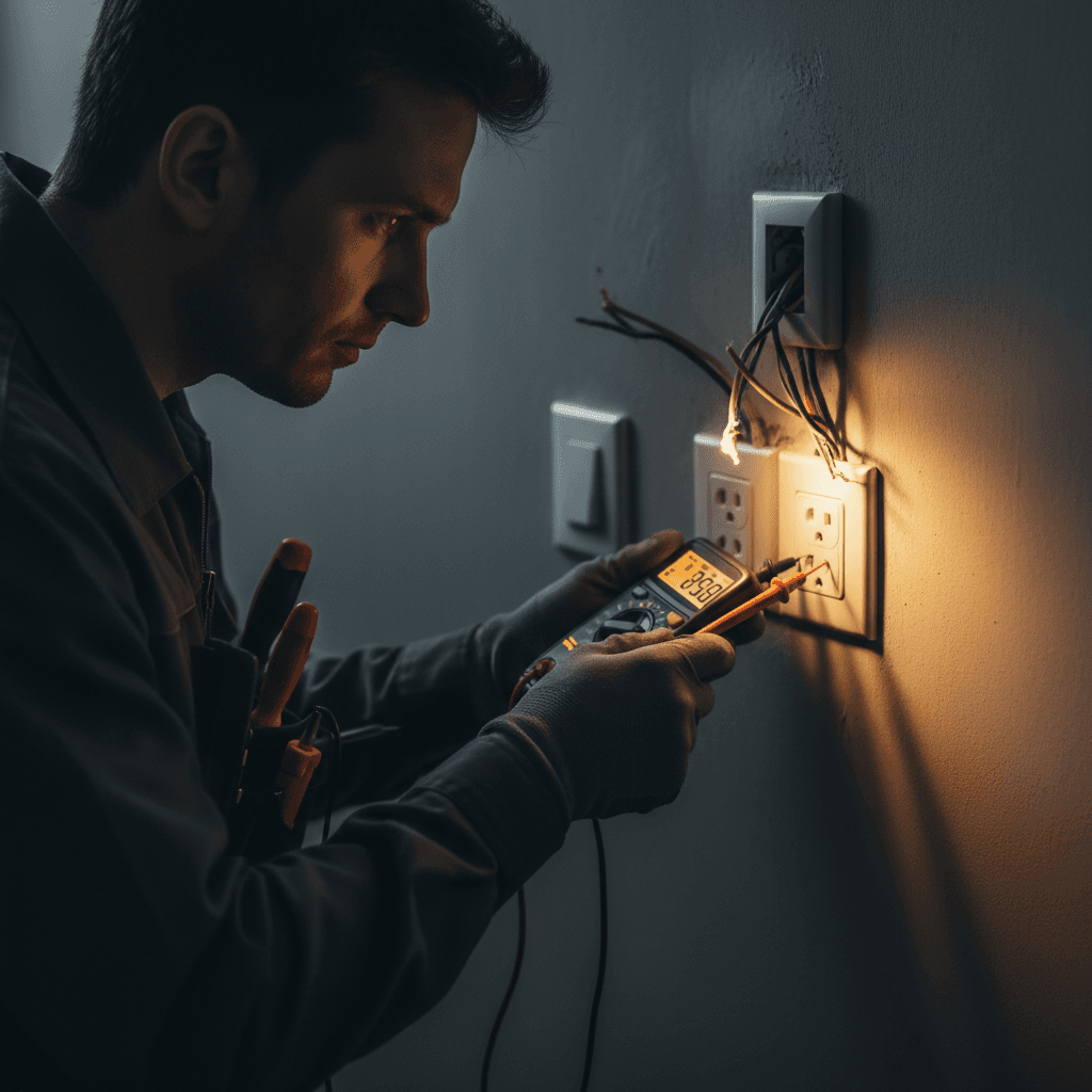 Teknisi memeriksa outlet listrik dengan multimeter
