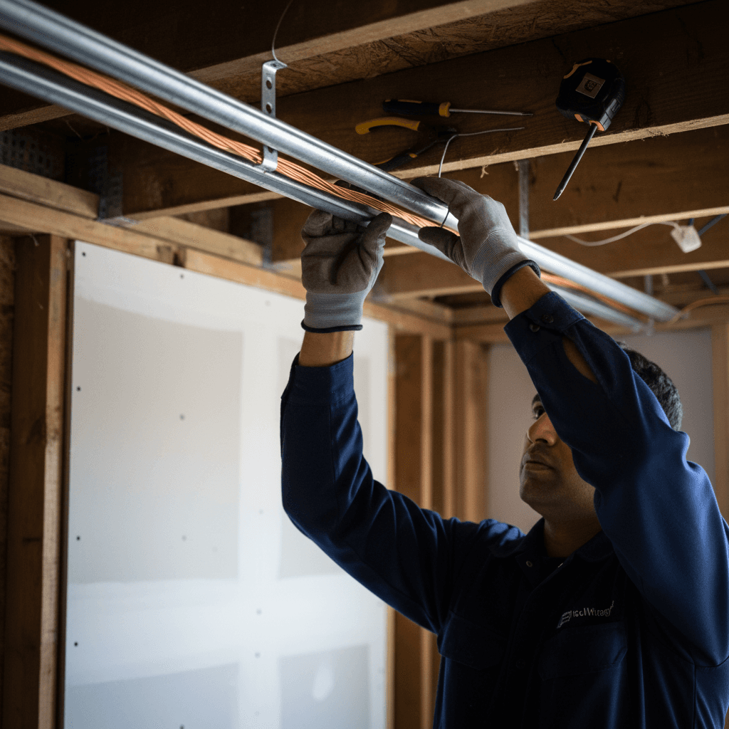 Technician installing organized electrical wiring and conduit