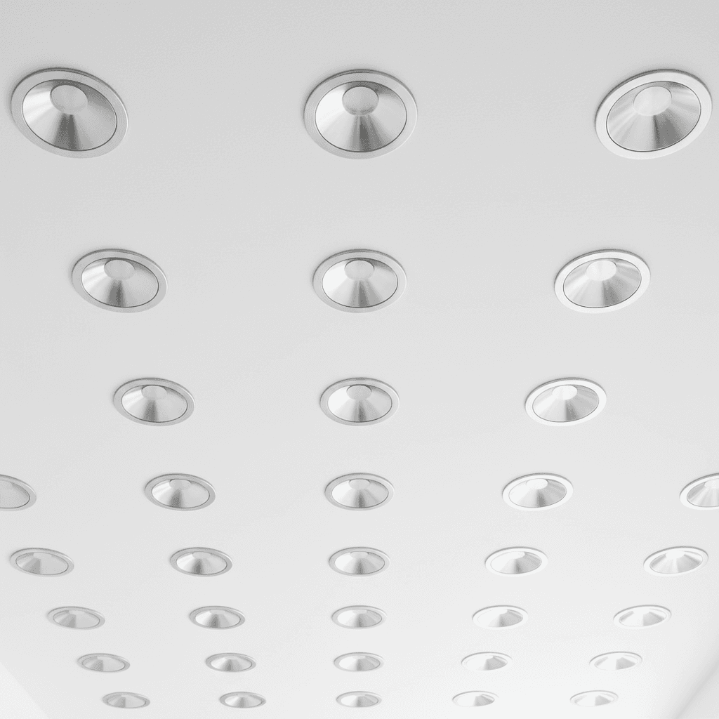 Multiple recessed downlights professionally installed in ceiling with even spacing