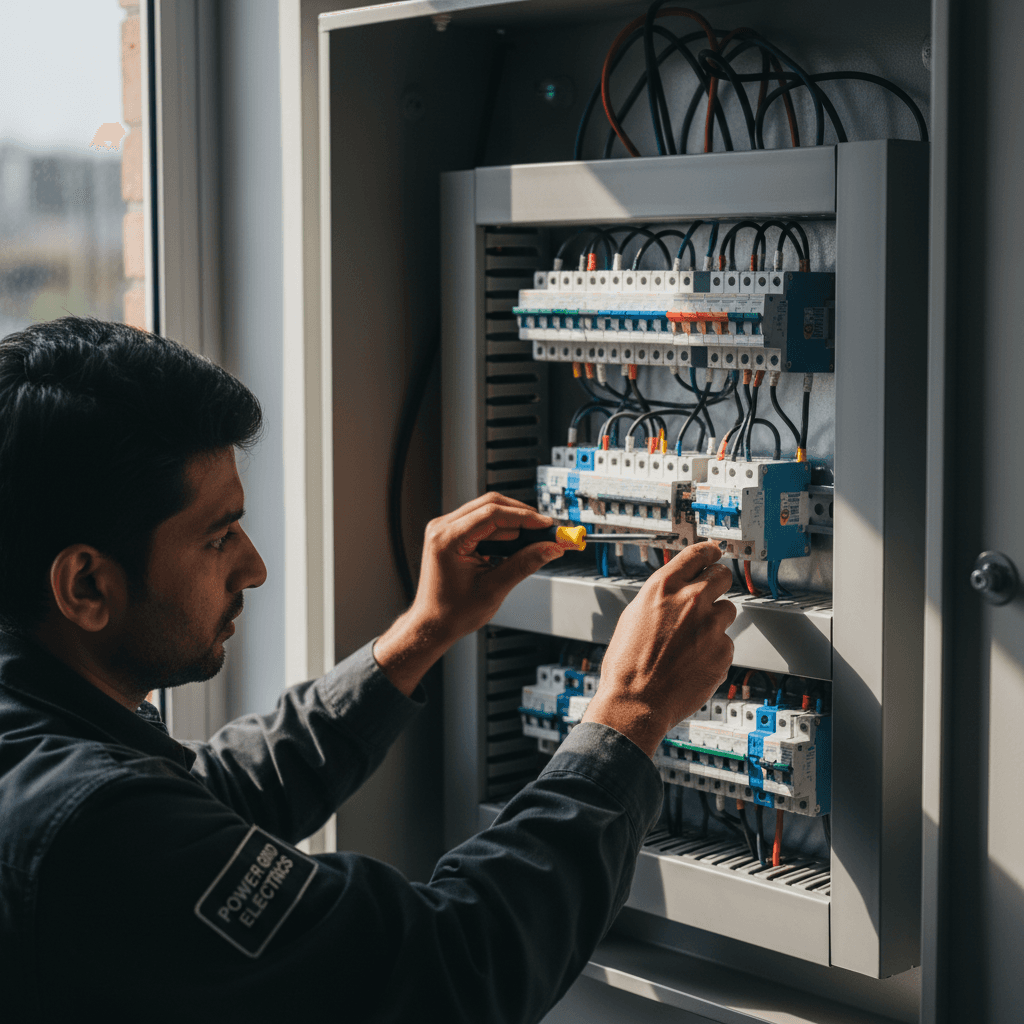 Lead technician installing electrical panel with precision