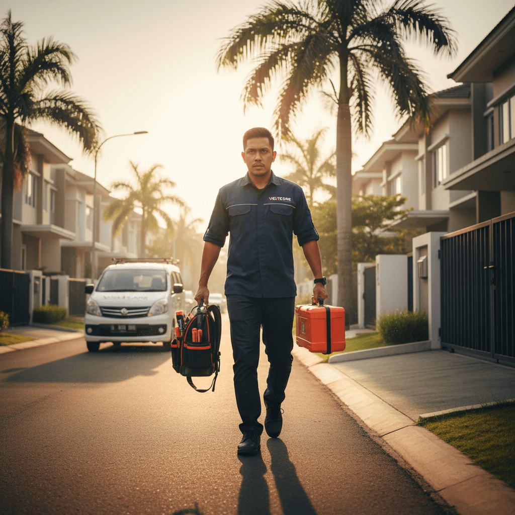 Technician responding to service call with tools and equipment