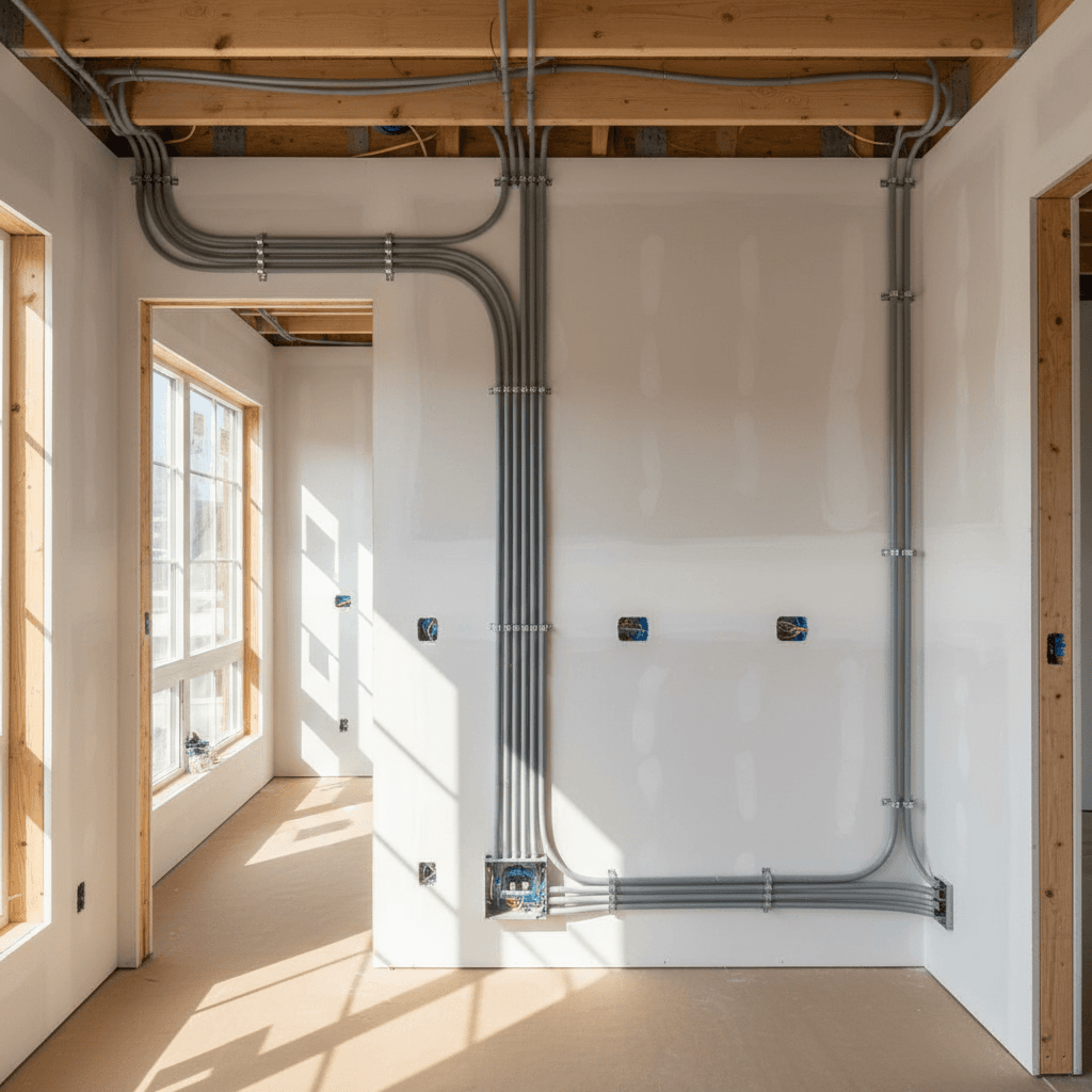Instalasi listrik rumah baru dengan routing kabel yang terorganisir dengan baik
